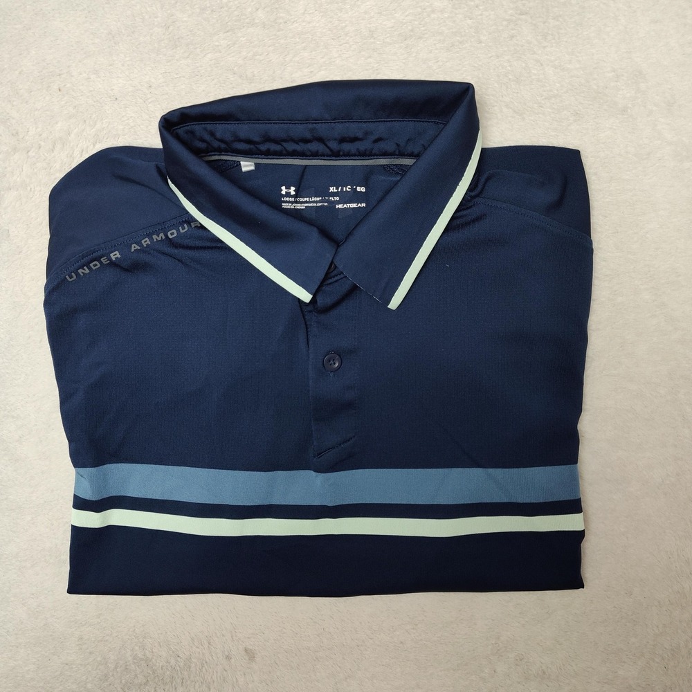 Under‎ Armour Polo Shirt Mens XL Blue Striped Golf HeatGear Performance Stretch